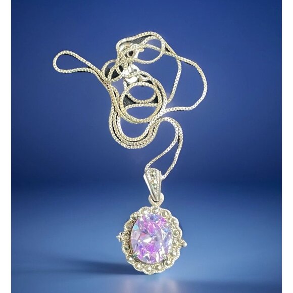 Vintage 925 Silver Purple Glass Marcasite Pendant Necklace 17” Signed
